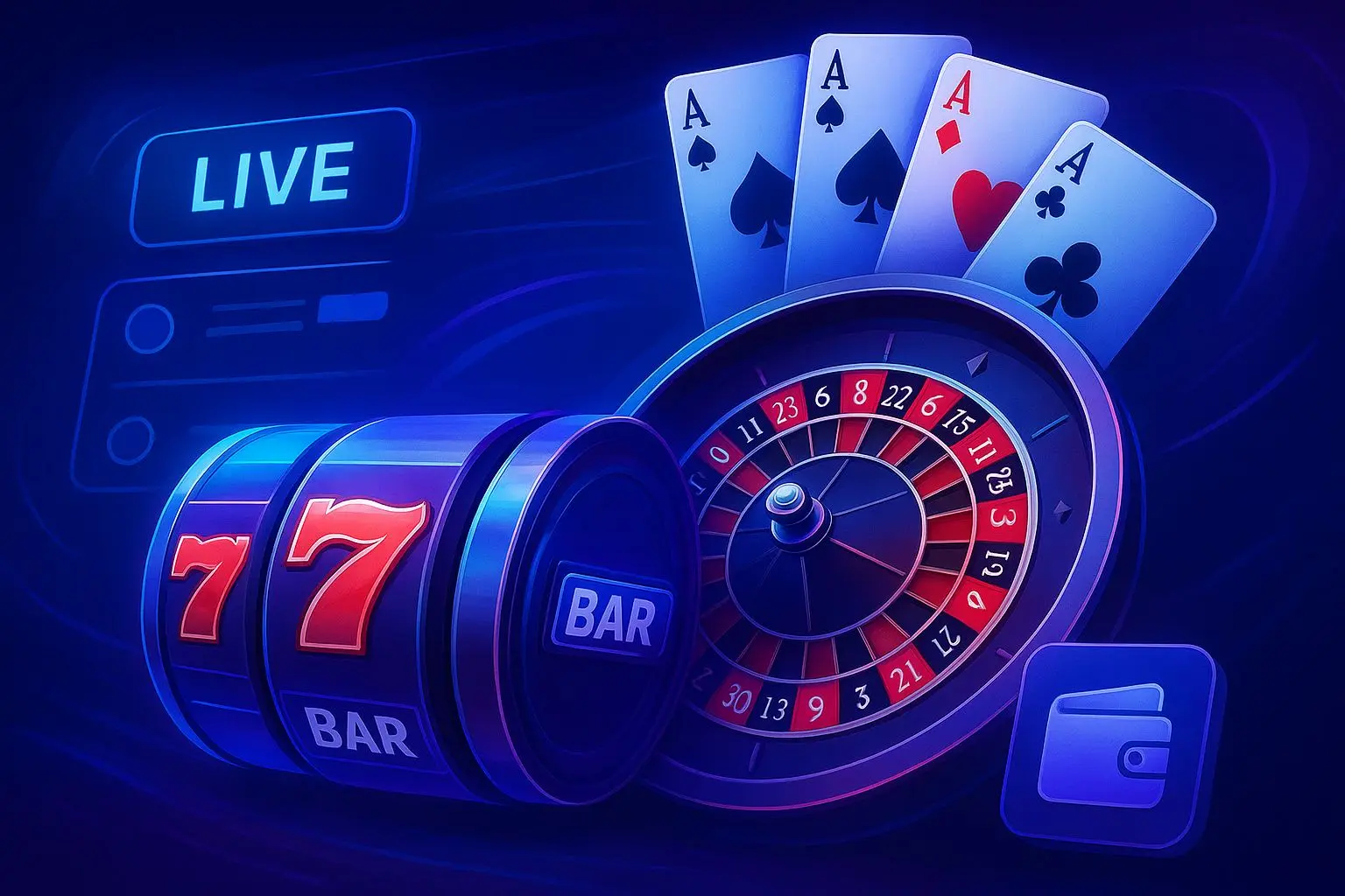Colagem de slots, roleta e cartas com referência discreta a carteira digital
