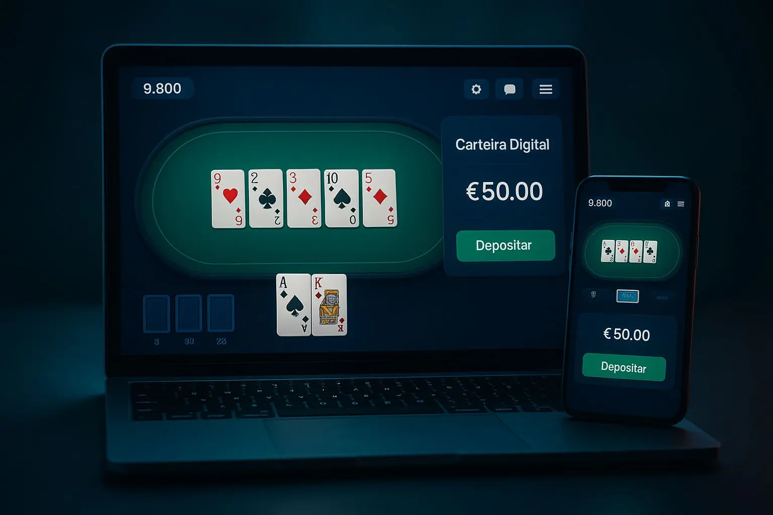 Interface de plataforma online com mesas de cartas e área de pagamento em destaque