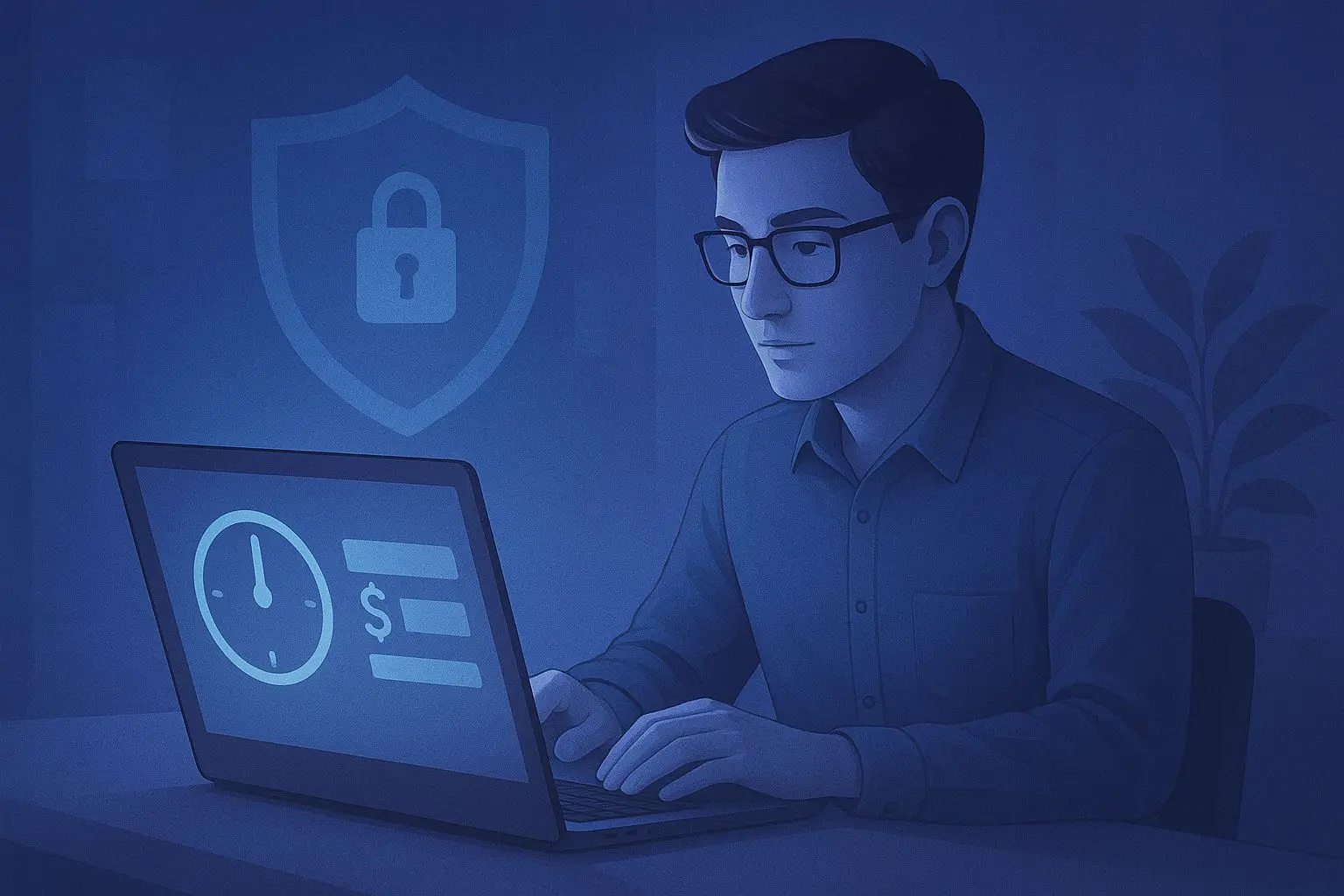 Utilizador a controlar tempo e orçamento num ambiente digital seguro