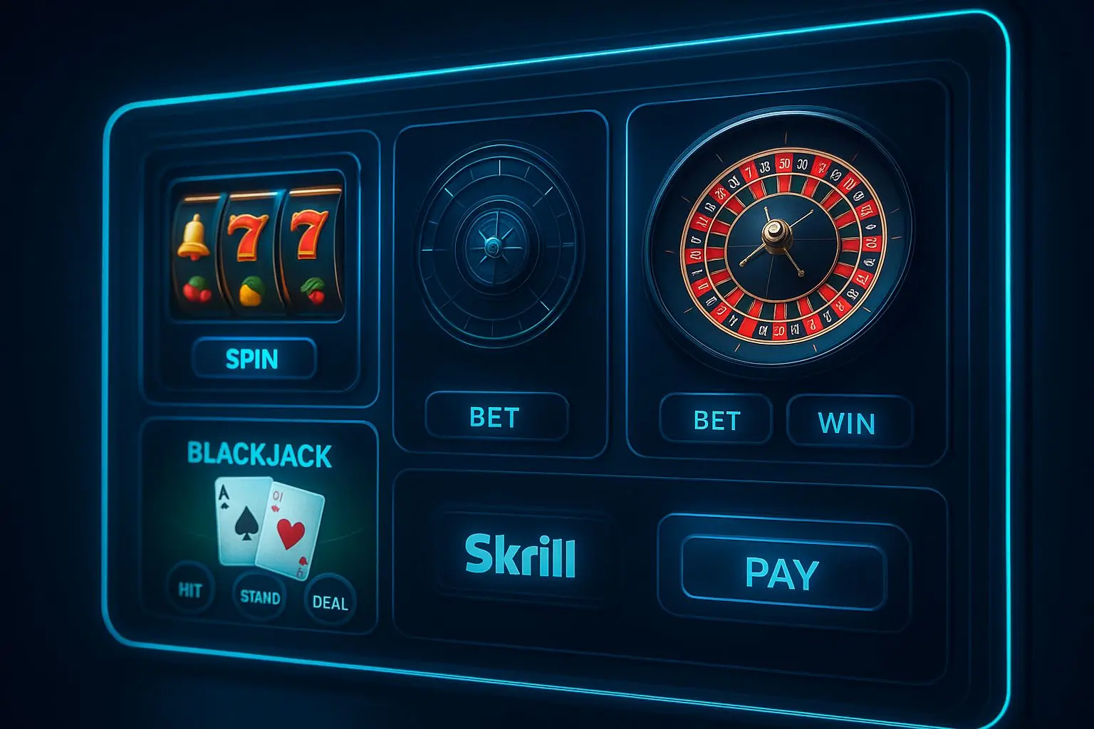 Ecrã com slots, roleta e blackjack e ícone Skrill