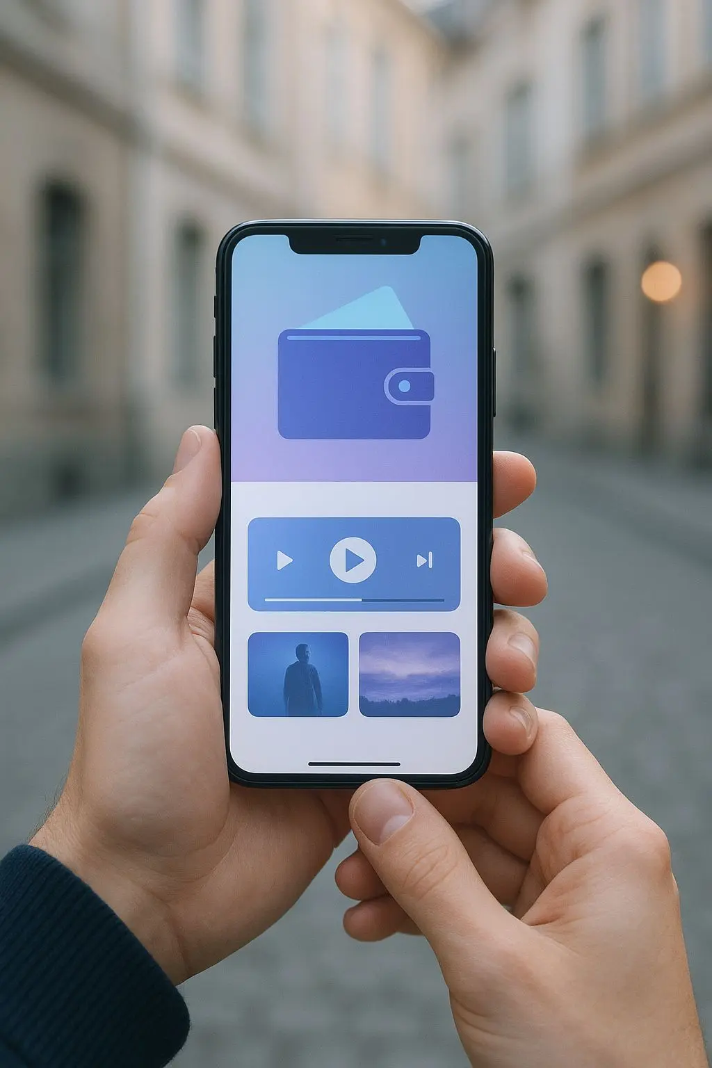 Utilizador com smartphone e interface móvel de pagamentos digitais