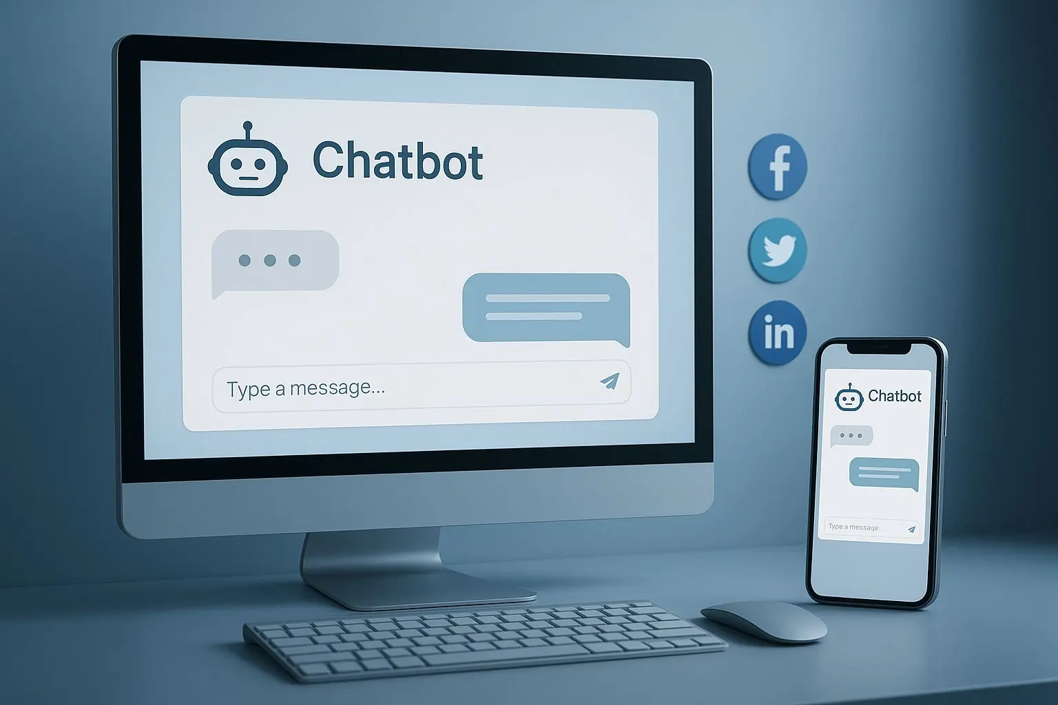Interface de chat com bot e ícones de redes sociais