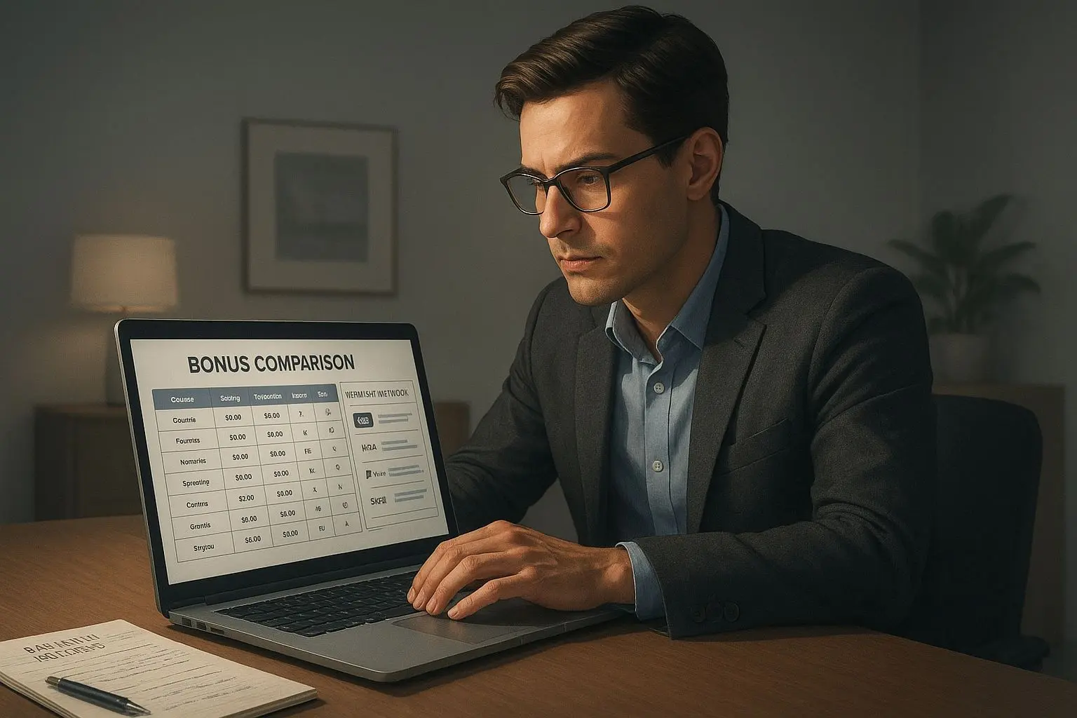 Analista de iGaming a comparar bónus e métodos de pagamento no portátil