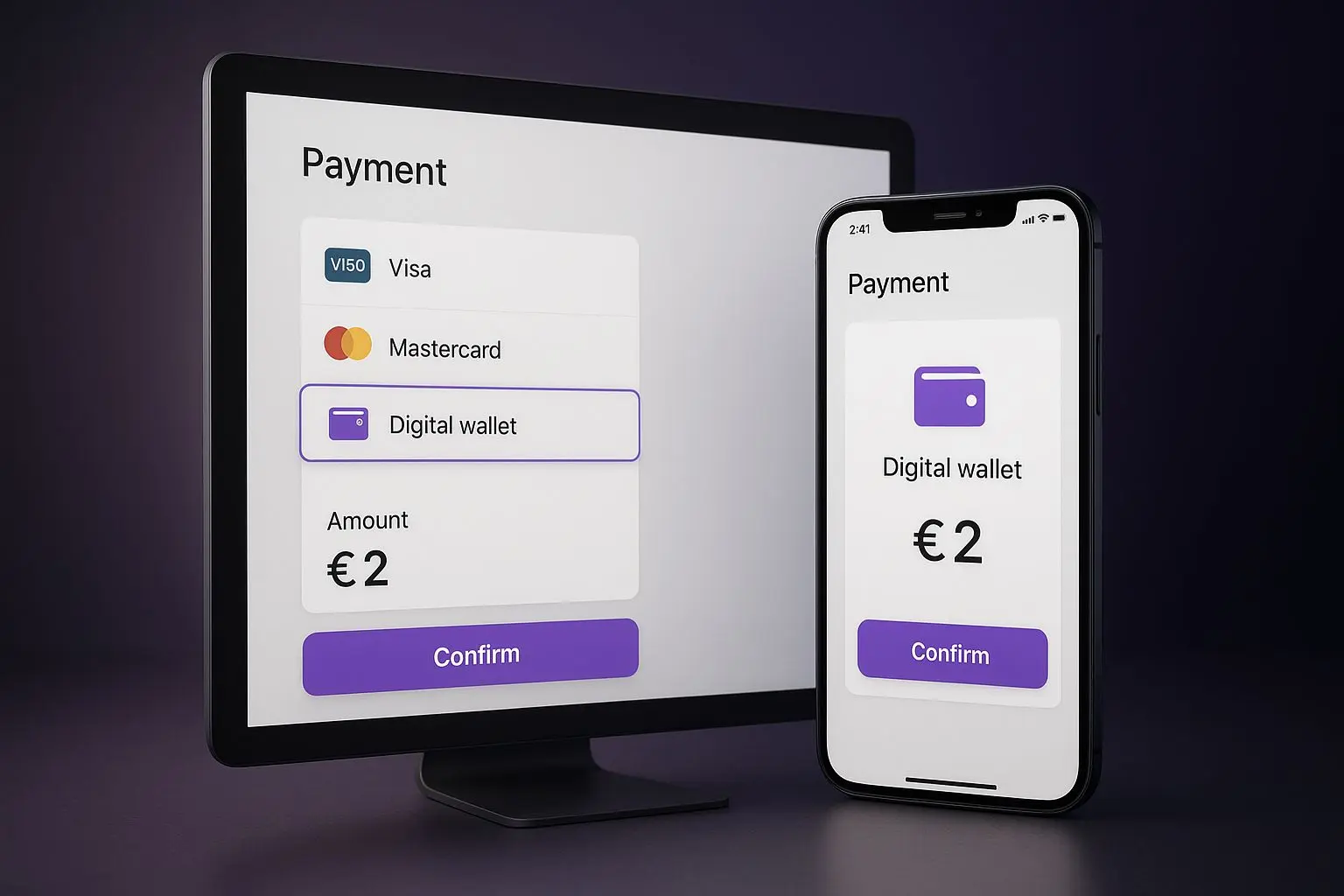 Interface fictícia de pagamento com carteira digital e valor de 2 euros