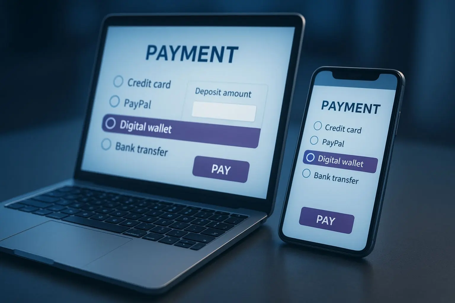 Interface de pagamento online com carteira digital destacada e campo de depósito pequeno