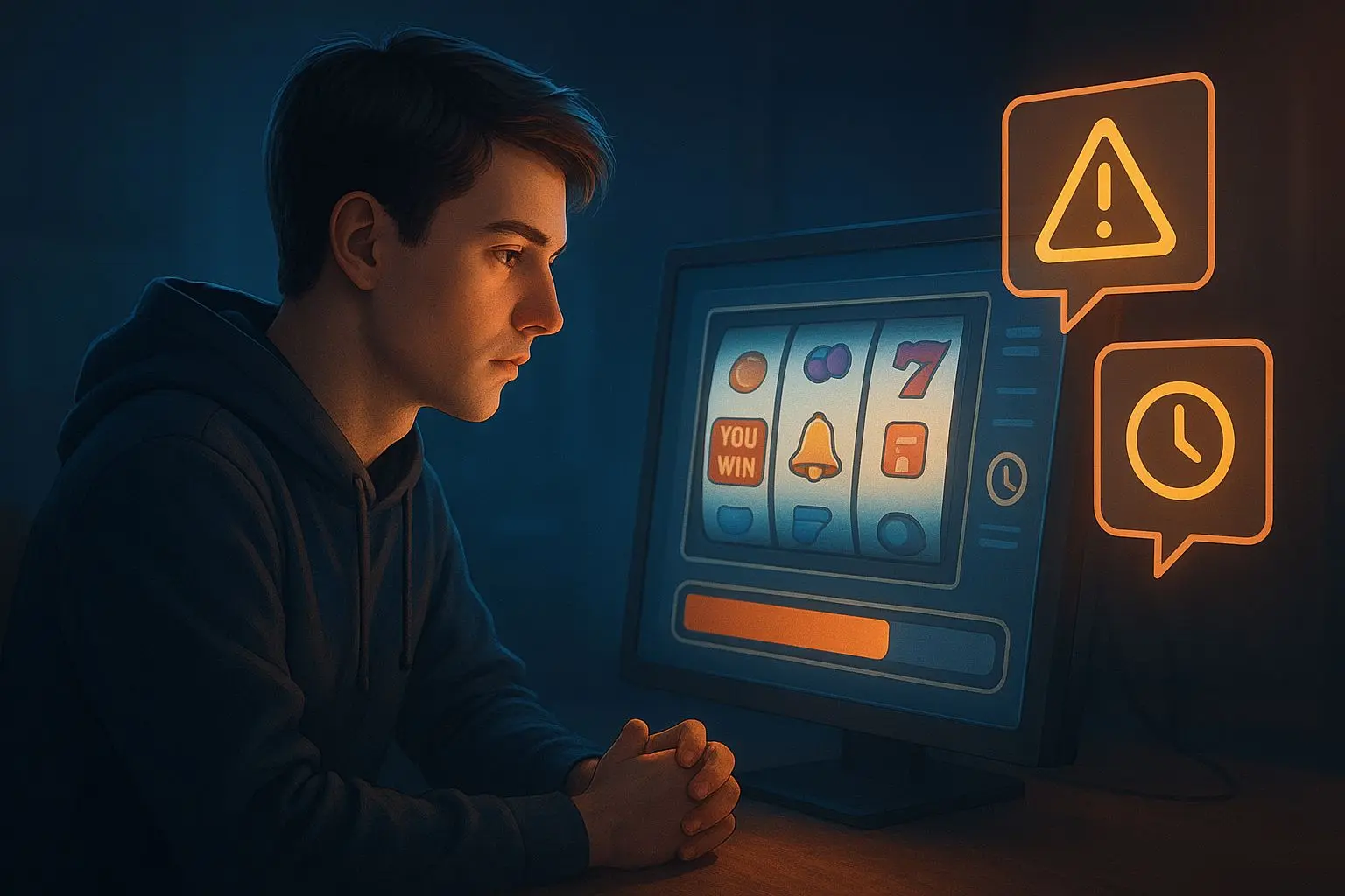 Jogador responsável com controlo de limites perante ecrã de slots
