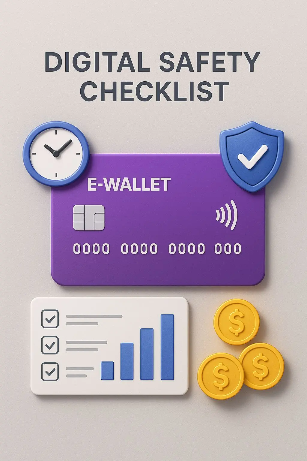 Checklist de segurança digital e controlo de orçamento com carteira eletrónica
