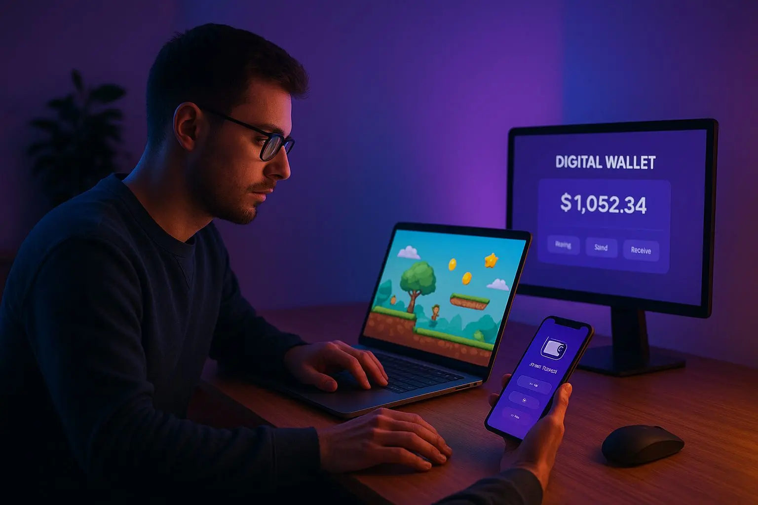 Teste de jogos grátis online com apoio de carteira digital Utilizador a testar jogos grátis online no portátil com carteira digital em ecrã secundário