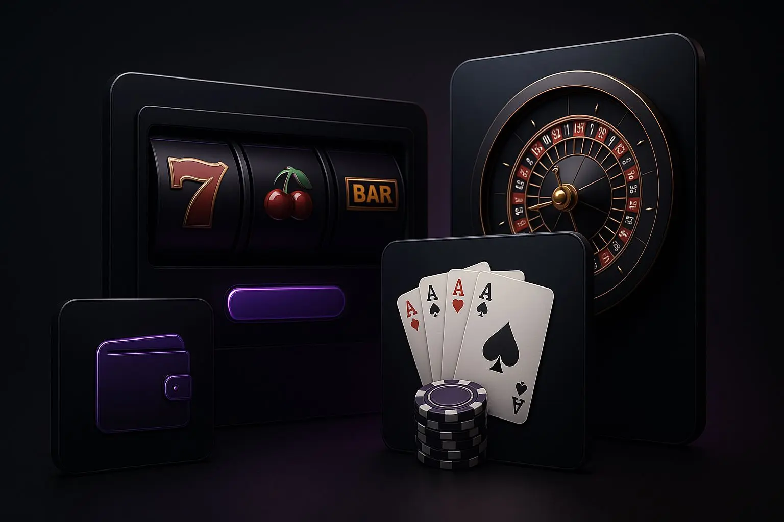 Variedade de jogos online compatíveis com carteira eletrónica Ilustração de slots, roleta e cartas em jogos online com destaque visual roxo