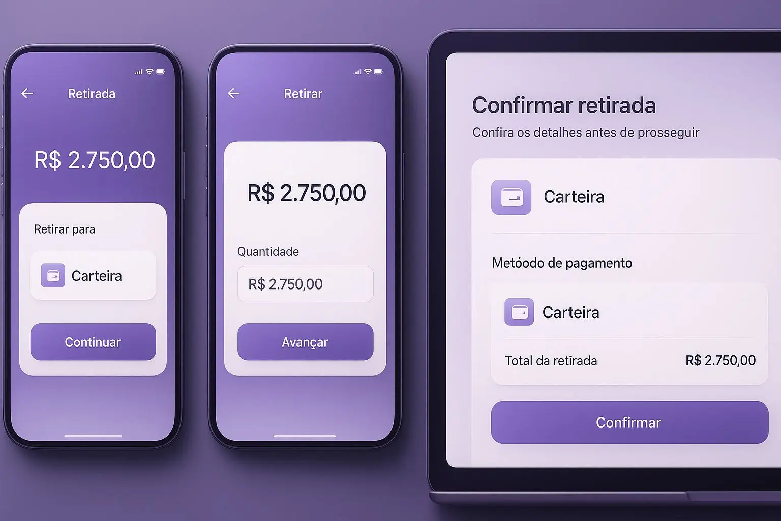 Sequência de ecrãs de levantamento para carteira digital numa plataforma portuguesa