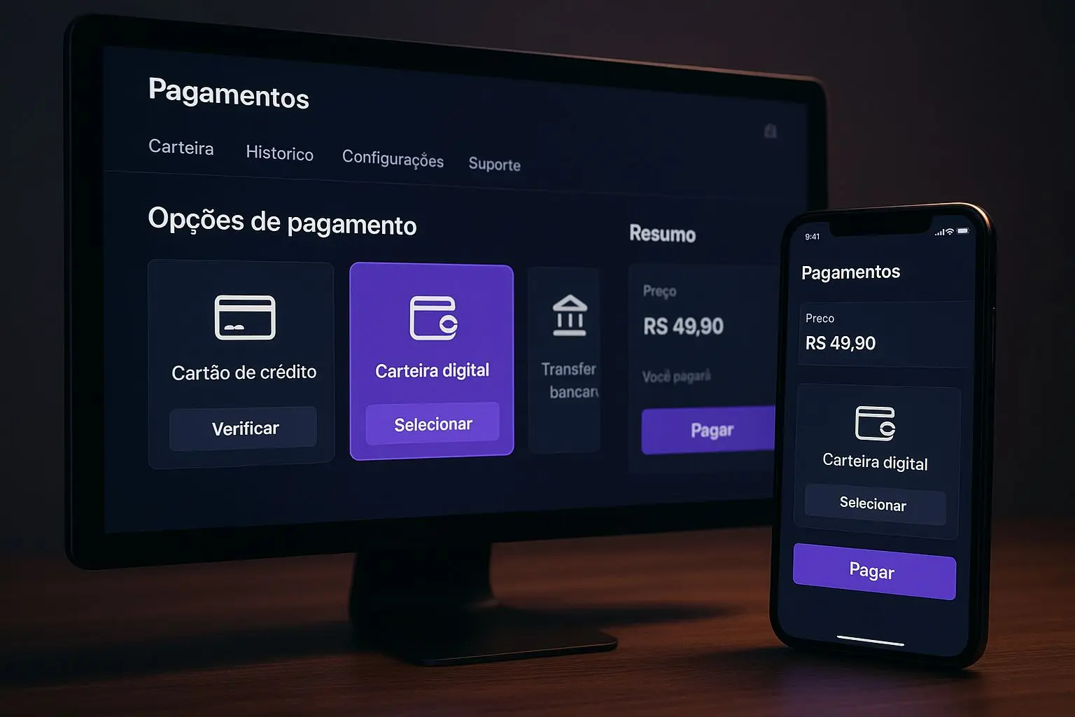 Interface de pagamentos online em desktop e mobile com carteira digital destacada