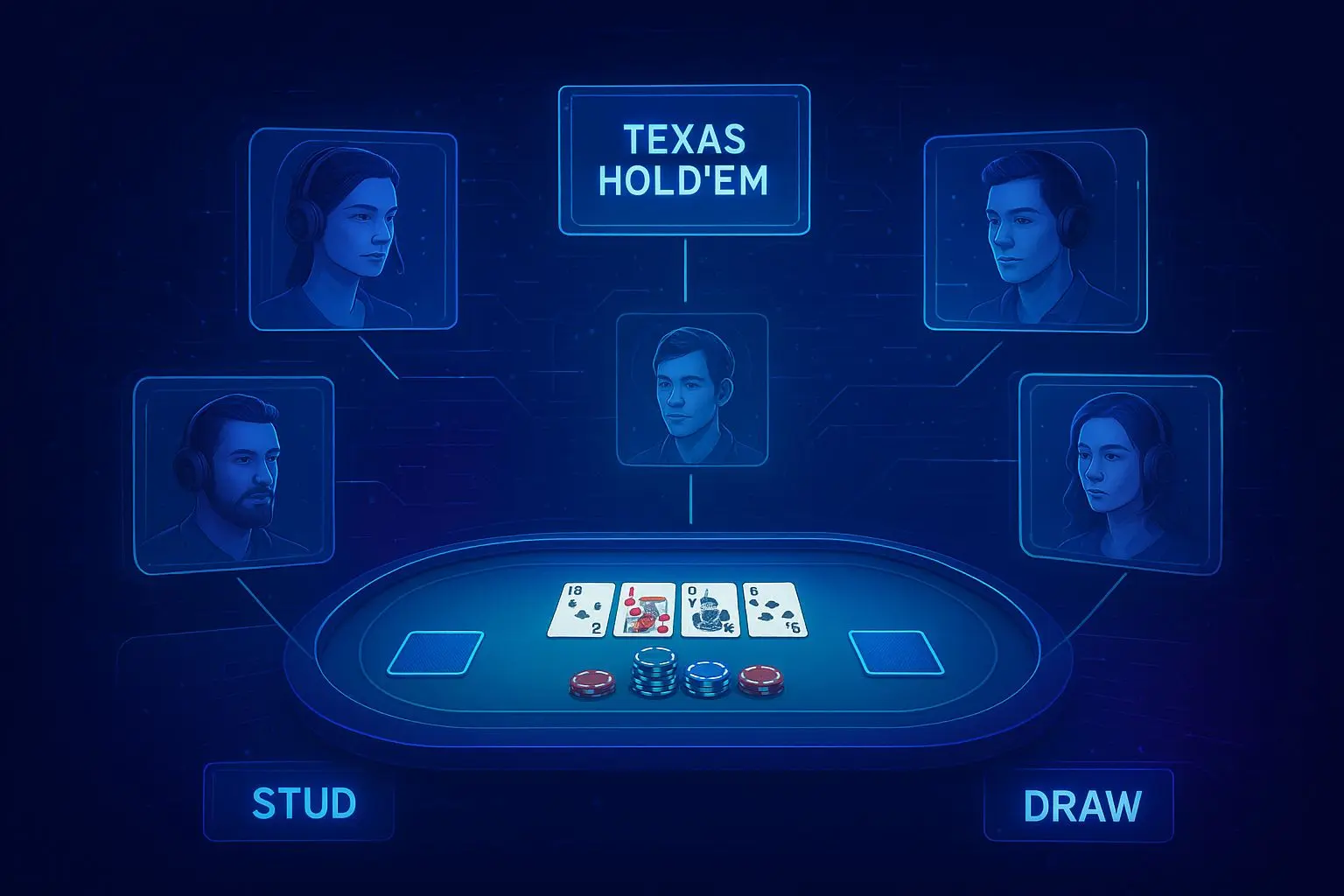 Ilustração de variantes de poker online numa mesa virtual