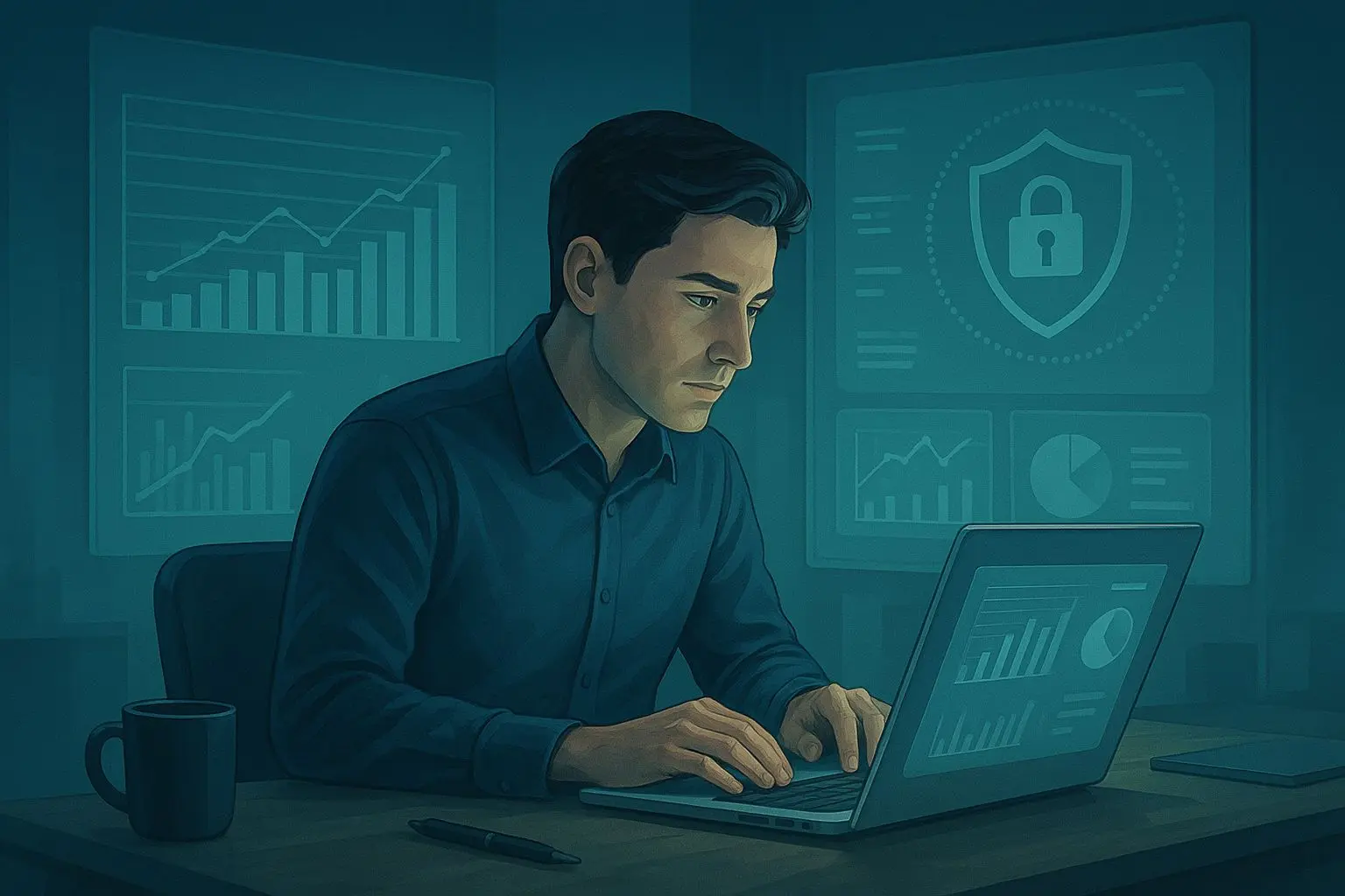 Analista de pagamentos online a trabalhar com gráficos de dados e privacidade