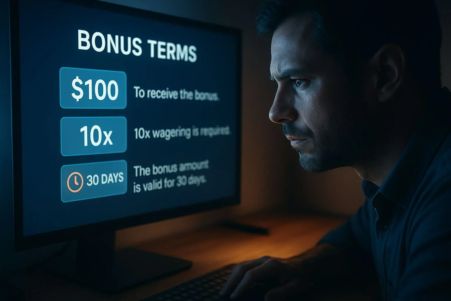 Leitura dos termos e condições com destaque para rollover e prazo