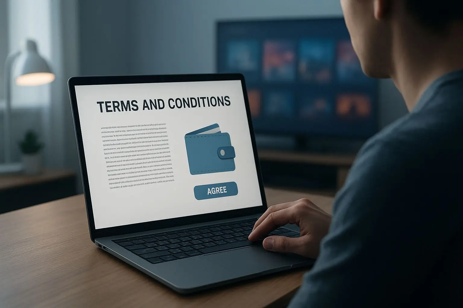 Utilizador a ler termos de uma carteira digital no portátil